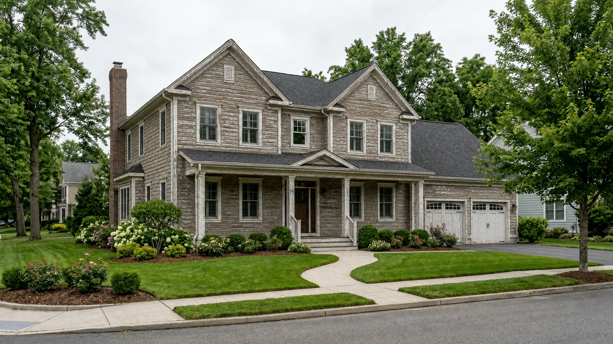 Two-story home with faded, peeling exterior paint before repainting