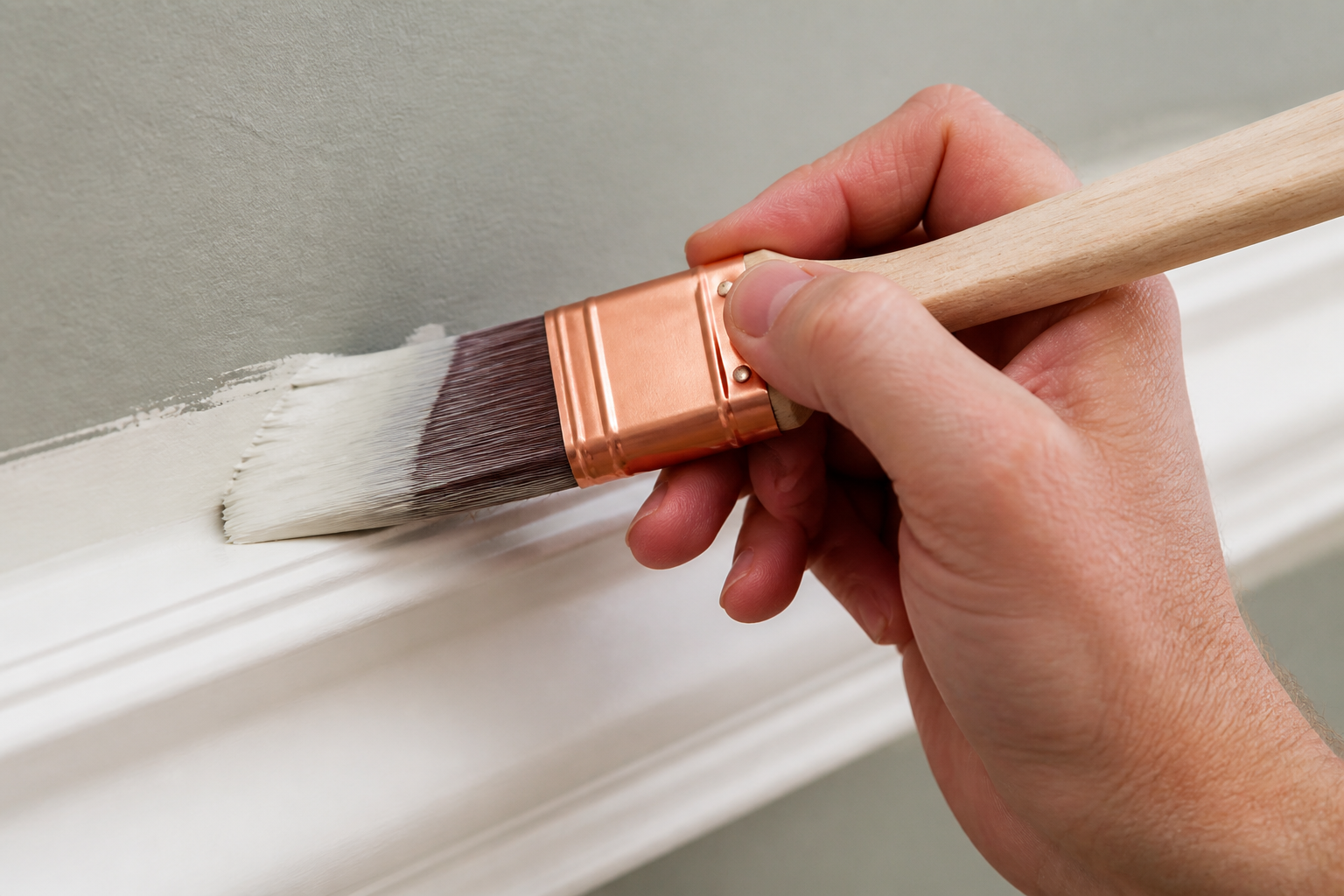 Painter cutting a clean paint edge along white trim with an angled brush