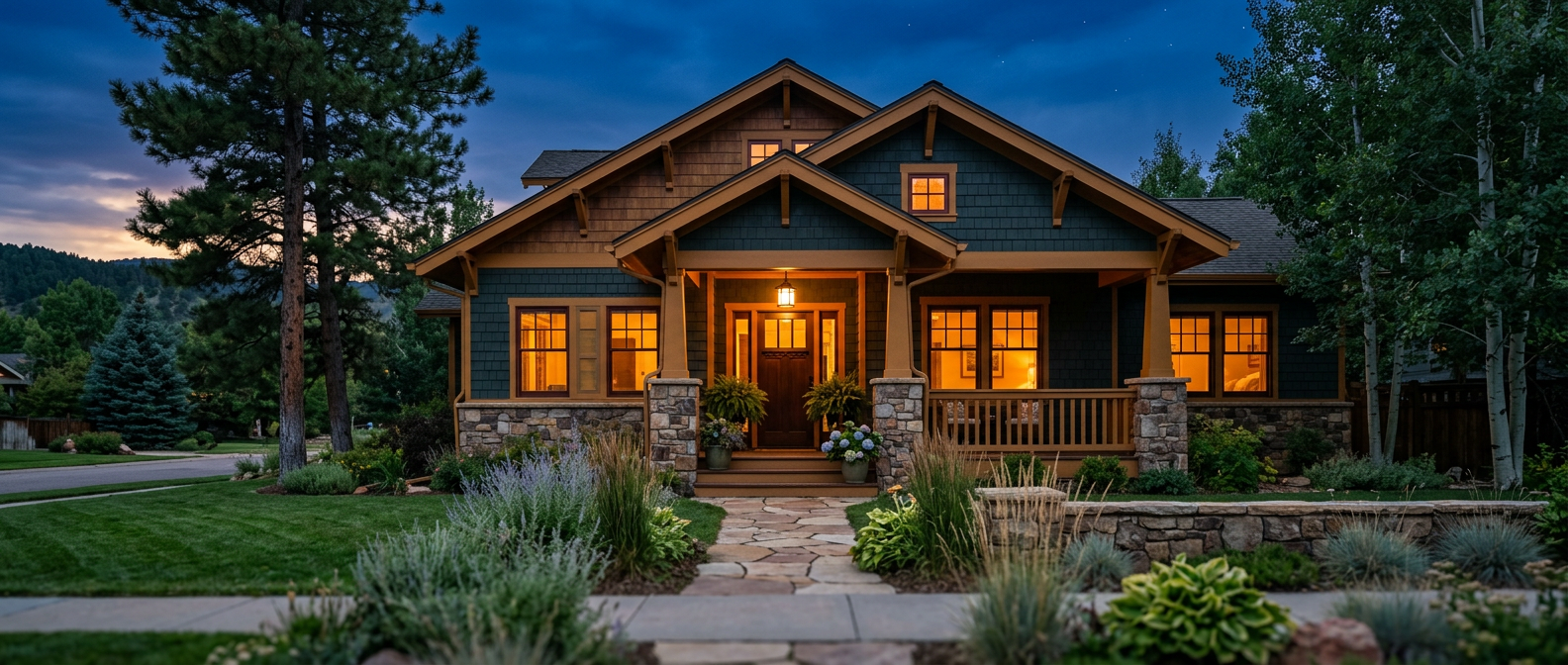 Repainted Colorado home exterior at dusk with warm interior window light