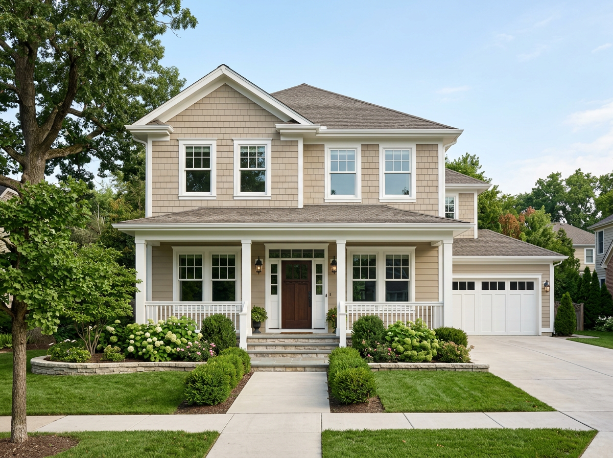 Two-story suburban home after a full exterior painting job with bright white trim