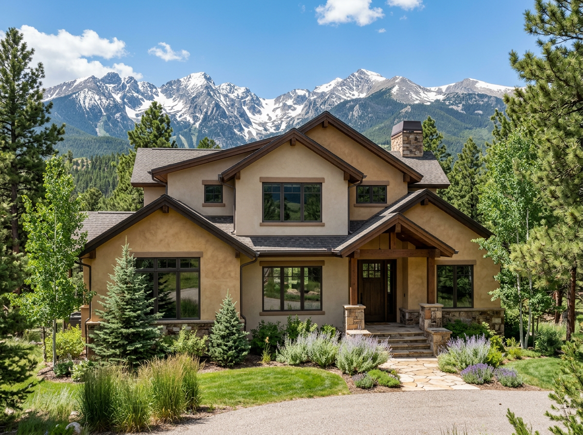 Stucco Colorado home with a Rocky Mountain backdrop after an exterior repaint