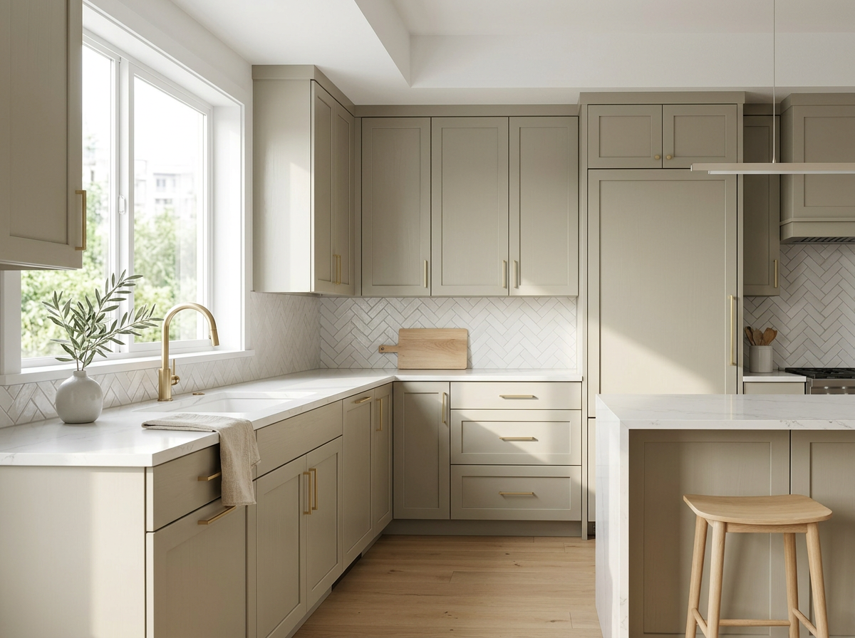 Refinished kitchen cabinets in a bright modern kitchen, illustrating cabinet refinishing in Colorado Springs