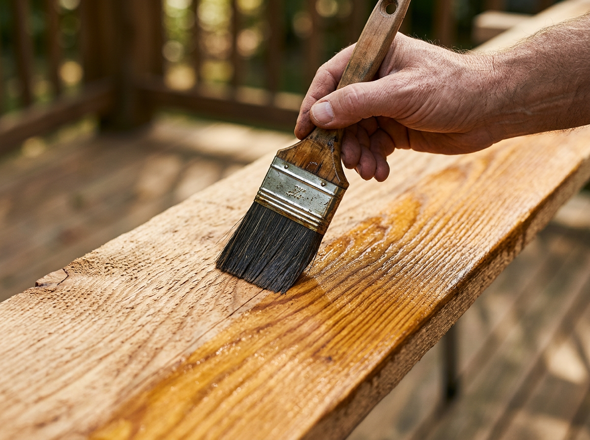 Wood stain being brushed onto deck boards, showing the natural grain, illustrating deck and trim staining