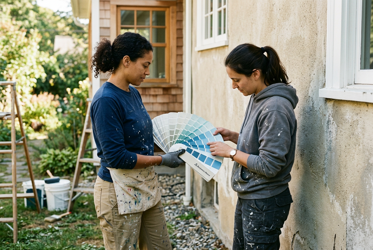 Two painters reviewing a paint colour swatch against a house exterior during a colour consultation